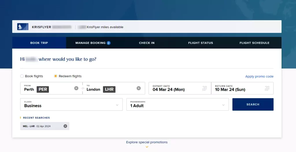 Singapore Airlines KrisFlyer flight search dashboard