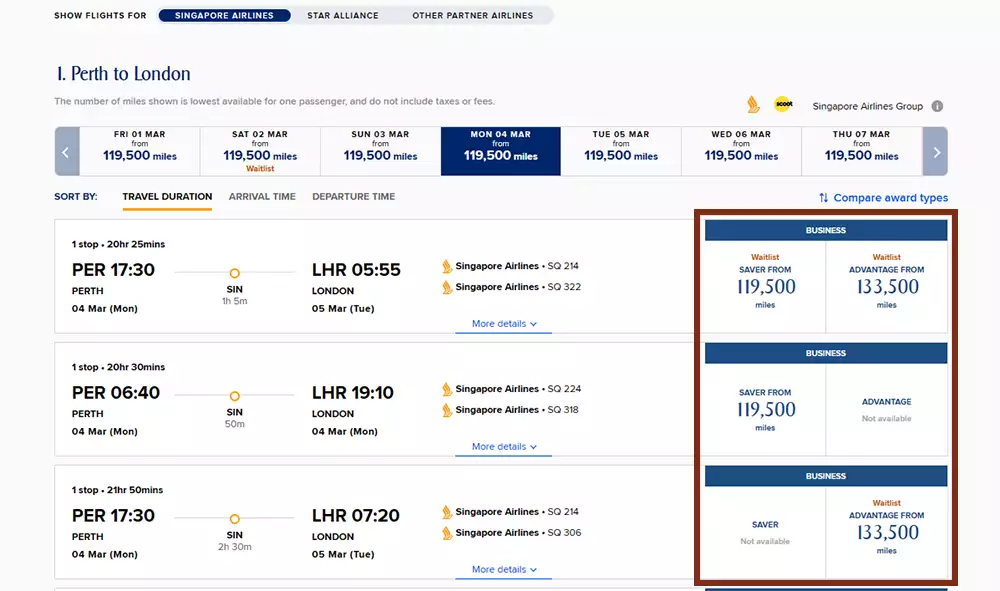 List of flight options with points values listed beside them